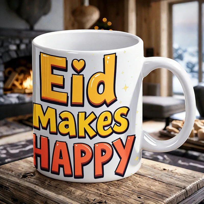 

Cheerful Eid Makes Happy Mug Colorful Lettering Ceramic Coffee Cup, Milk Cup, Office Tea Cup, Gift for Friends, Fade-Resistant