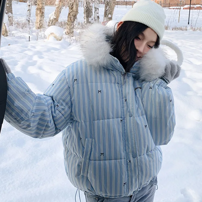 Parkas Women Short Coats Fur Collar Hooded Zipper Jackets Striped Print Bow Thick Y2k Streetwear Jacket Work Autumn Winter