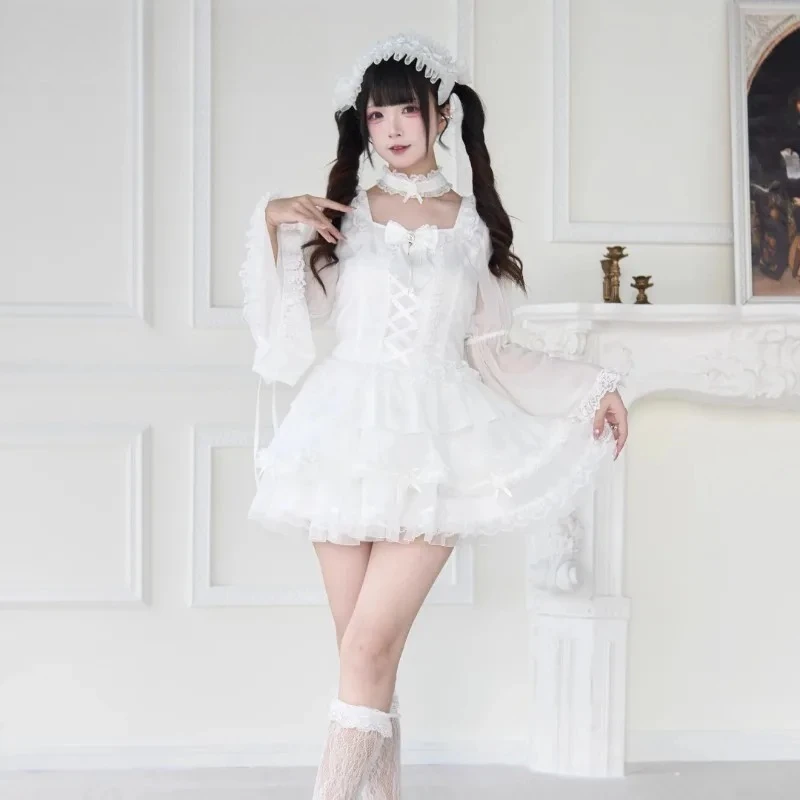 

Mine Series Mass-produced Japanese Goth Lolita Horn Long-sleeved Tops Sweet Girls High Waist Slim Solid Color Short Skirt Set