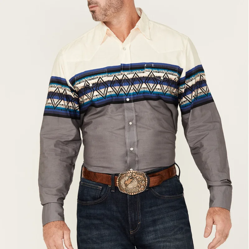 Men's Denim Culture Retro Trend Diamond Printed Long-sleeved Shirt Men's Business Casual 6XL Large Size Vacation Outside Shirt