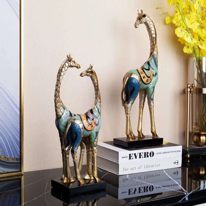 Simulation Animal Sculpture Giraffe Mother and Child Painted Statue Modern Home Decoration Golden Handicraft Ornaments