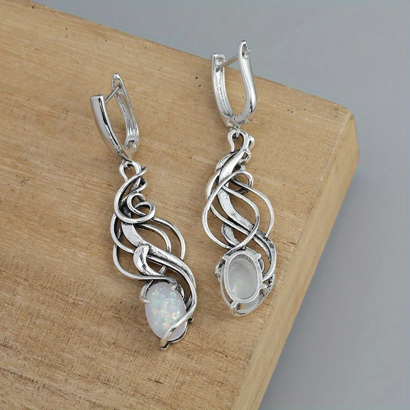 Delicate Oval Shaped Imitation Opal Earrings Classic Vintage Silver Color Metal Dangle Earrings Jewelry