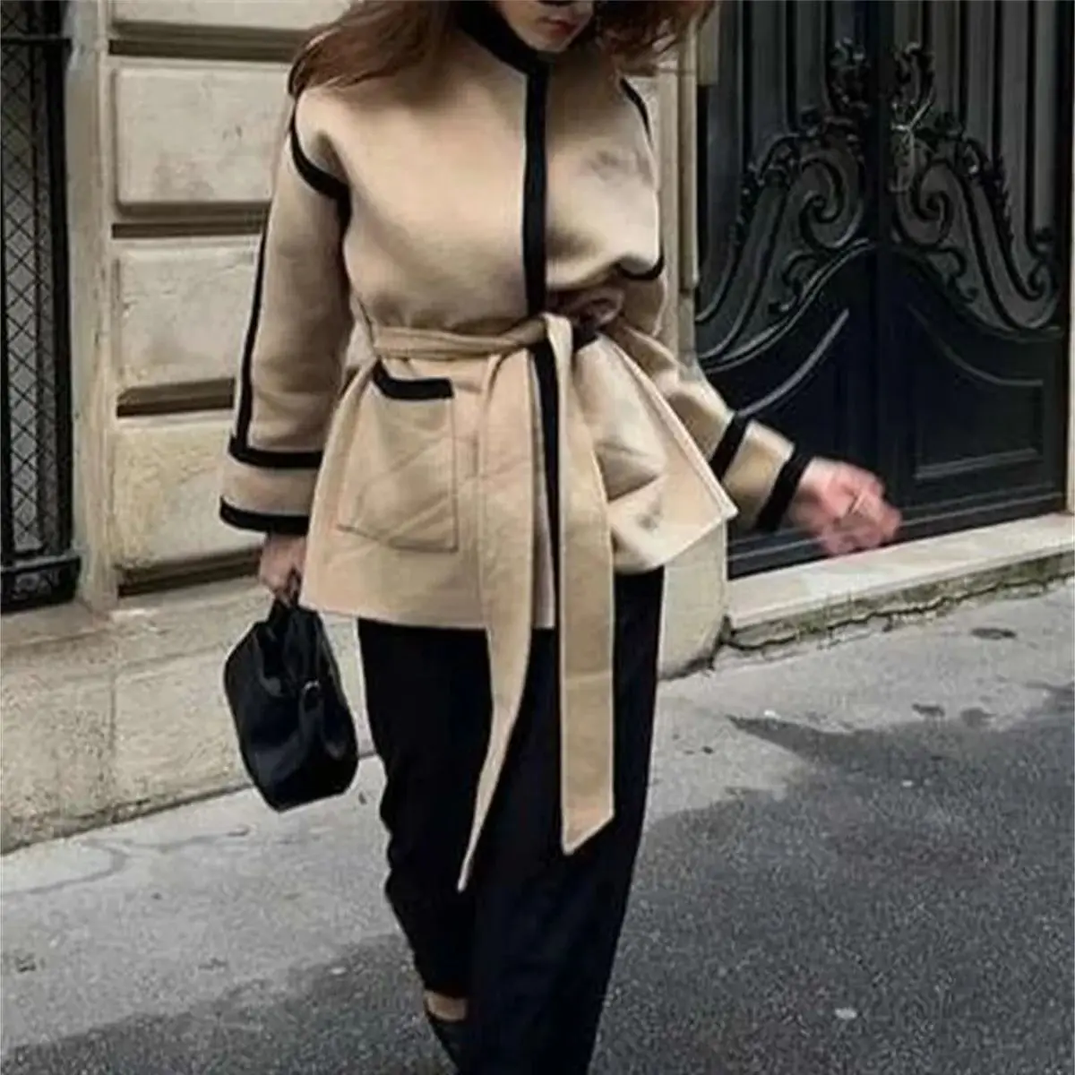 Women Fashion Spliced Contrast Coats Long Sleeve Belt Pocket Decorate 2024 Autumn Winter New In Jacket  Lady Mid-length Outwear