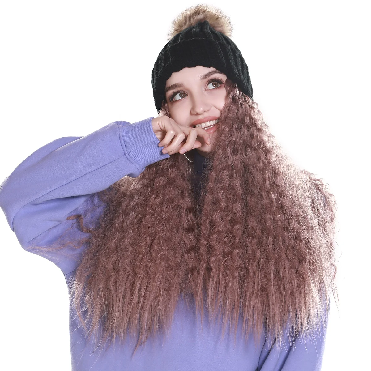 

Fashion Warm Winter Beanie Kinky Curly Hair Wig Attached Hat Cap with Hair Natural Brown Long Synthetic Wig for Black Women