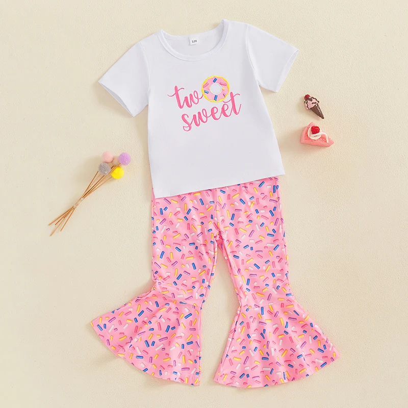 Kids Girl Summer Outfits Letter Donut Embroidery Short Sleeves T-Shirt and Elastic Flare Pants Cute 2 Piece Clothes