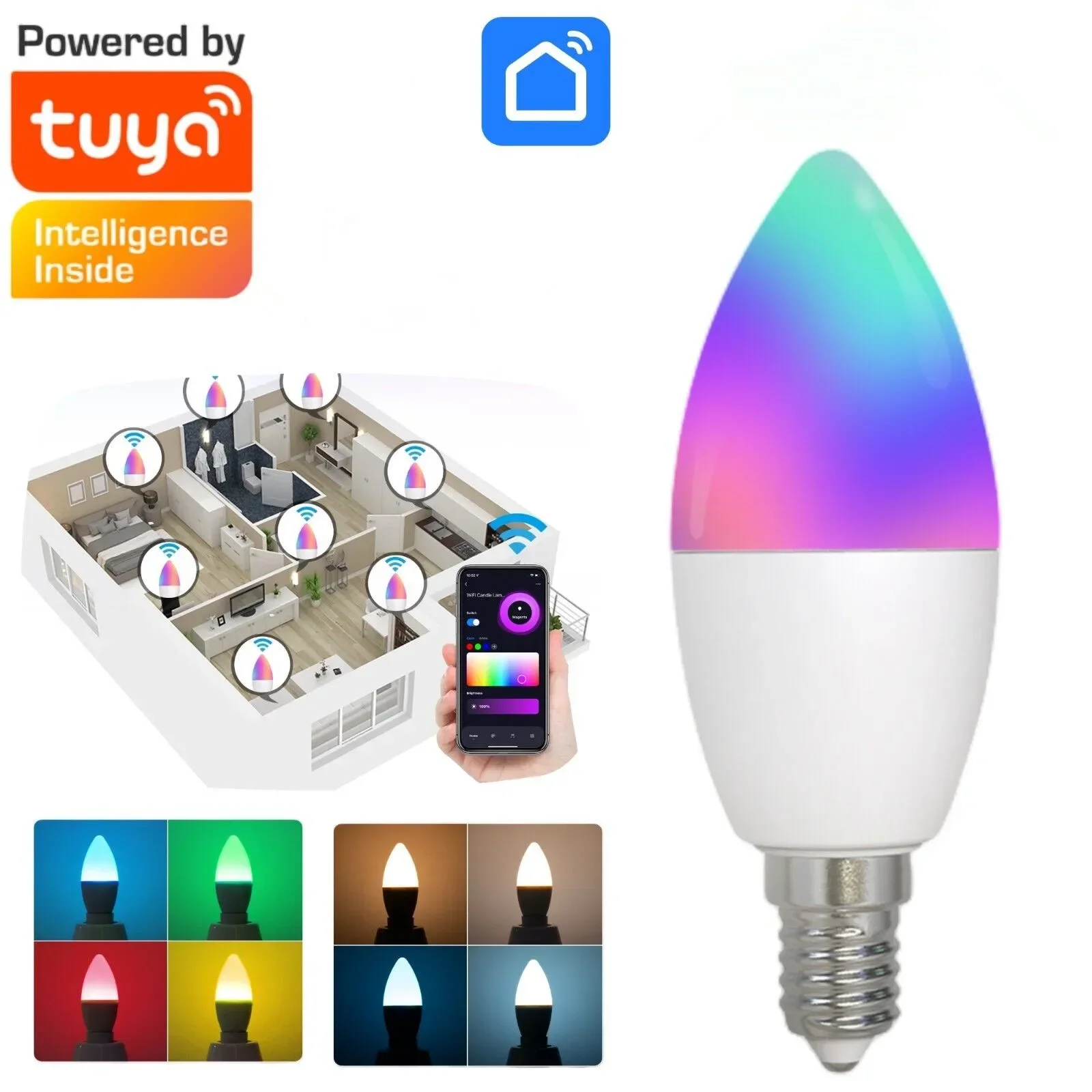 Smart Led Bulb Tuya E14 Candle Lamps RGB C+W APP Control Bluetooth Candelabra 220V Dimmable Smart Life Room Home Chandelier Lamp