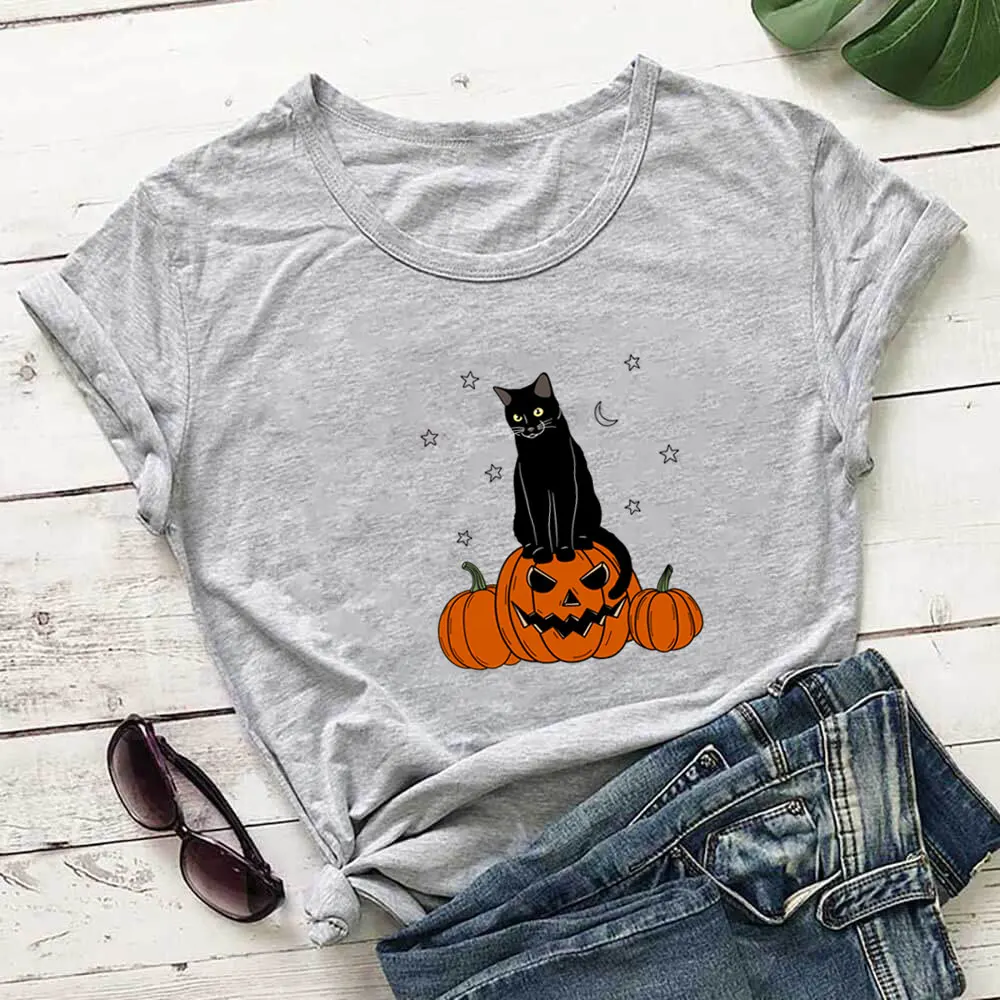 

Pumpkin And Cat New Arrival Halloween Shirt Women 100%Cotton Tshirt Unisex Funny Summer Casual Short Sleeve Top Holiday Tee