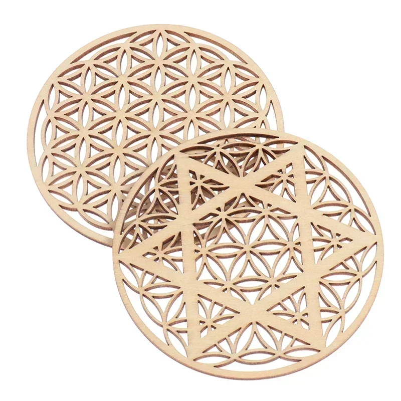 1/10pscCreative Chakra Chakra Pattern Coaster Wood Flower Of Life Natural Symbol Round Edge Coaster For Stone Crystal Set Diy