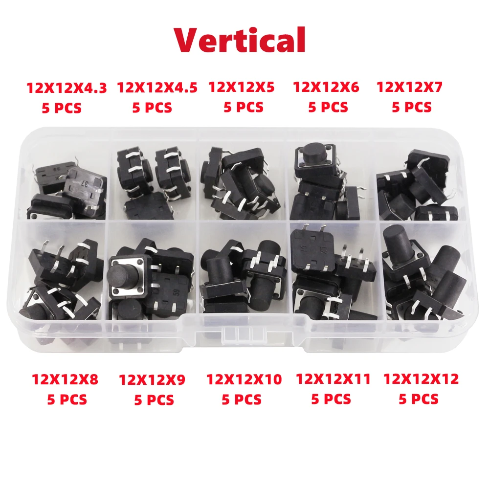 50 PCS 10 Models 12*12 Tact Switch Tactile Push Button Switch Kit Height: 4.3 5~12MM DIP 4P Micro Switch 12x12 Key Switch