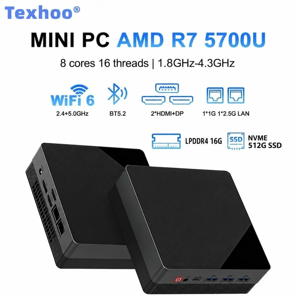 텍후 미니 PC, AMD 라이젠 7 5700U 또는 R5 5500U 프로세서, LPDDR4 16GB 3733MHz 메모리, 512GB M.2 SSD, PCIe 3.0, Wi-Fi 6, 블루투스 5.2, 듀얼 LAN, HDMI 지원, 데스크톱용 미니 컴퓨터