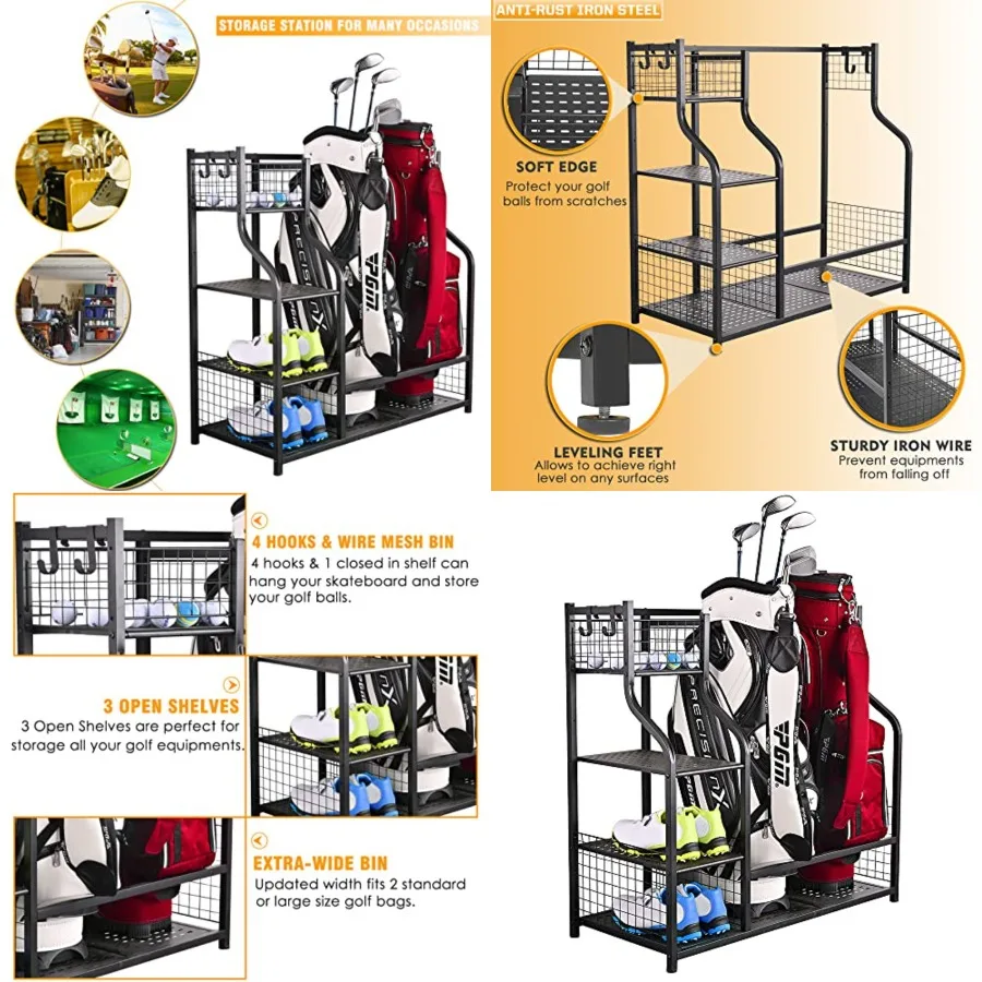 

Golf Bag Garage Storage Organizer Extra Large Size Golf Bag Rack Stand Holder Fits 2 Golf Bags and Other Golfing Equipment Acce