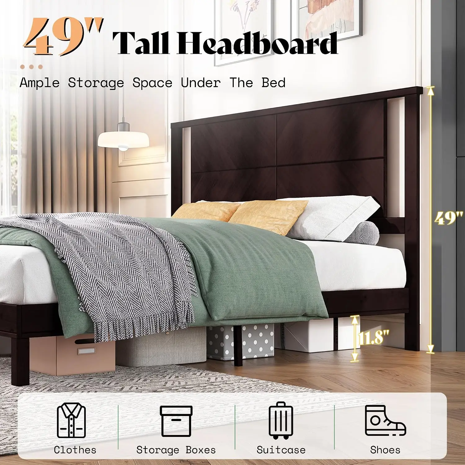 Solid Wood King Size Bed Frame with Headboard, Mid Century Modern Style Platform Bed with Under-Bed Storage, No Box, Custom image 6