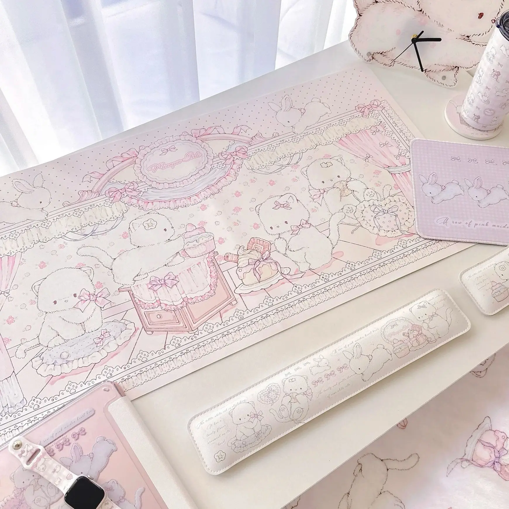 Original 4 Cats Design PU Leather Desk Mat | Pink Waterproof Mouse Pad for Computer, Kawaii Girl's Office & Study Decor