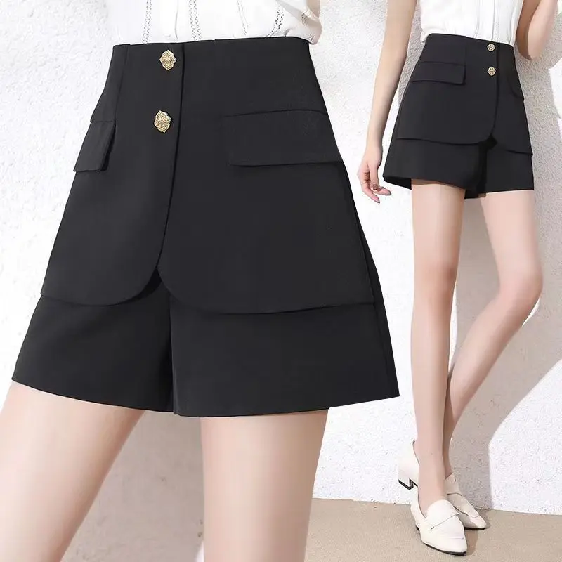 Black Fake Two Shorts Women 2023 Summer Thin Fashion Korean Version of Casual Pants High Waist Thin Wear Wide-leg Pants Comfort