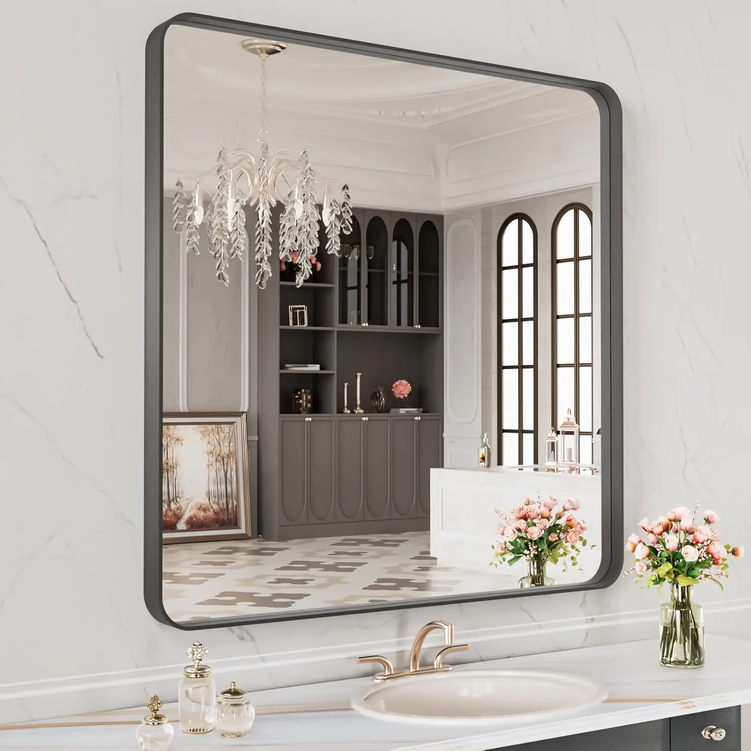 

32X32 Inch Black Metal Framed Bathroom Mirror for Wall, Matte Black Bathroom Vanity Mirror Farmhouse, Anti-Rust