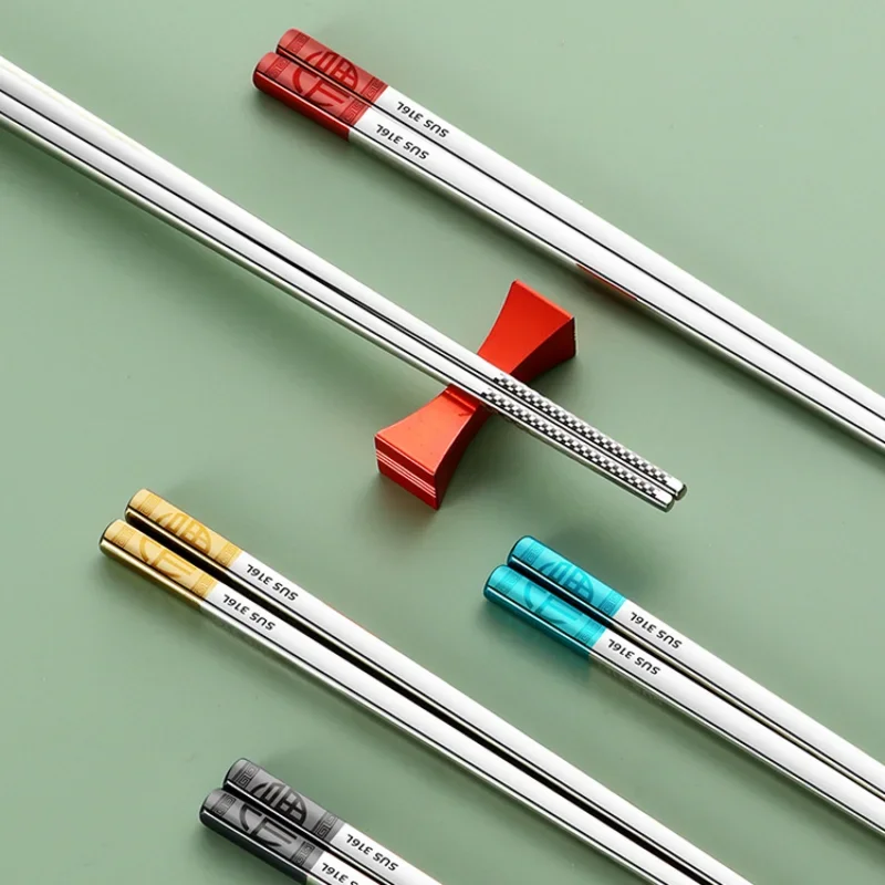 316 Stainless Steel Chopsticks Household Non-slip Anti-scald Square Chopsticks Five Pairs Tableware High Temperature Resistance