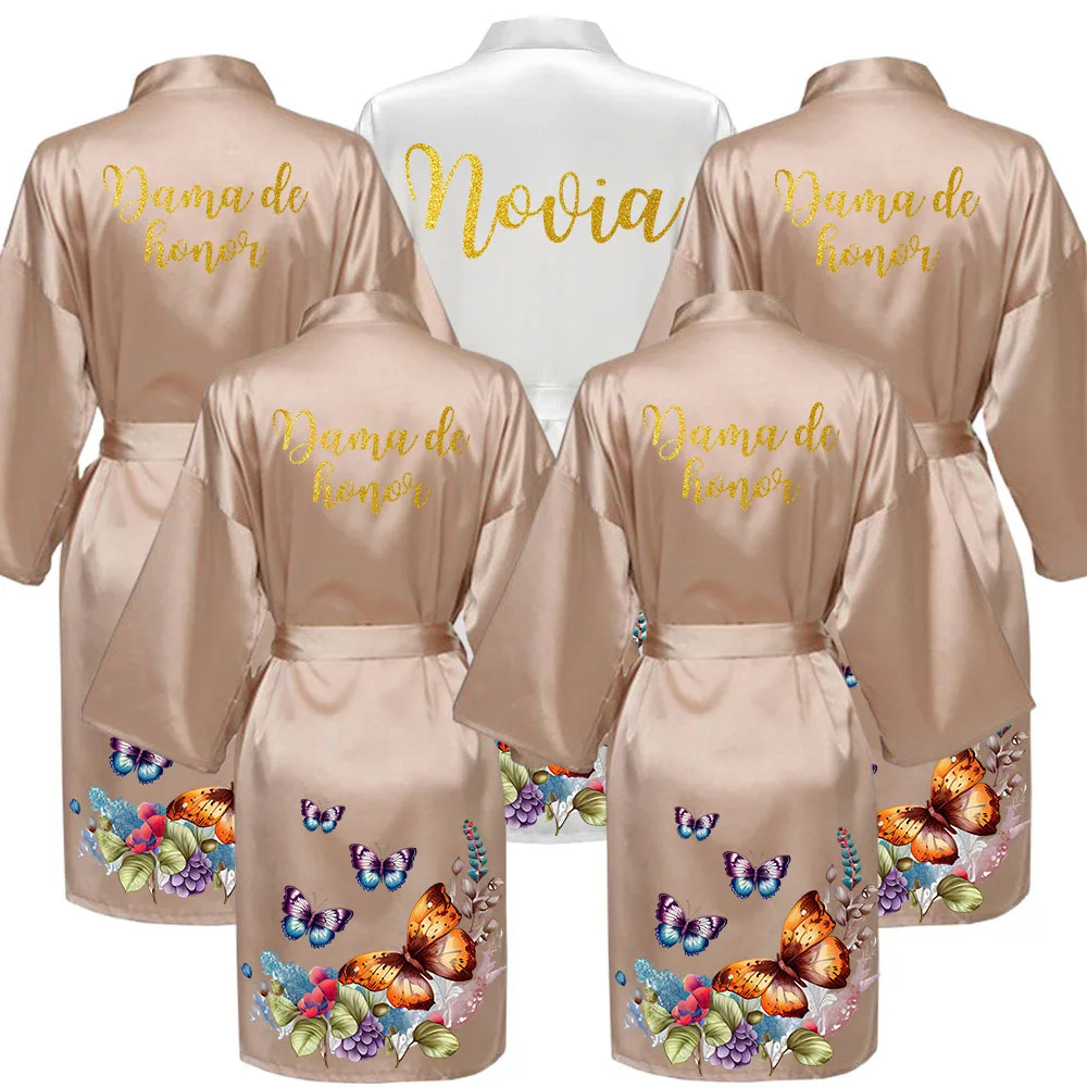 Gold Wedding Party Team Bride Robe Kimono Satin Pajamas Bridesmaid Bathrobe HSJS30