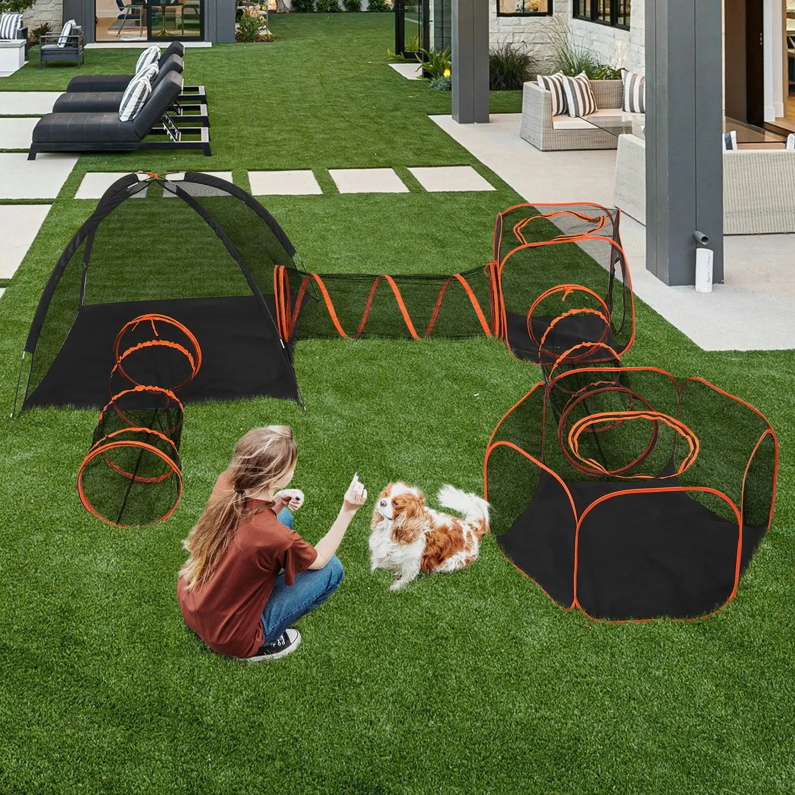 6-in-1 tragbares Katzengehäuse für den Außenbereich mit Tunnel und Spielzelt, sicherer Laufstall für Katzen, Kaninchen und Kleintiere – Orange