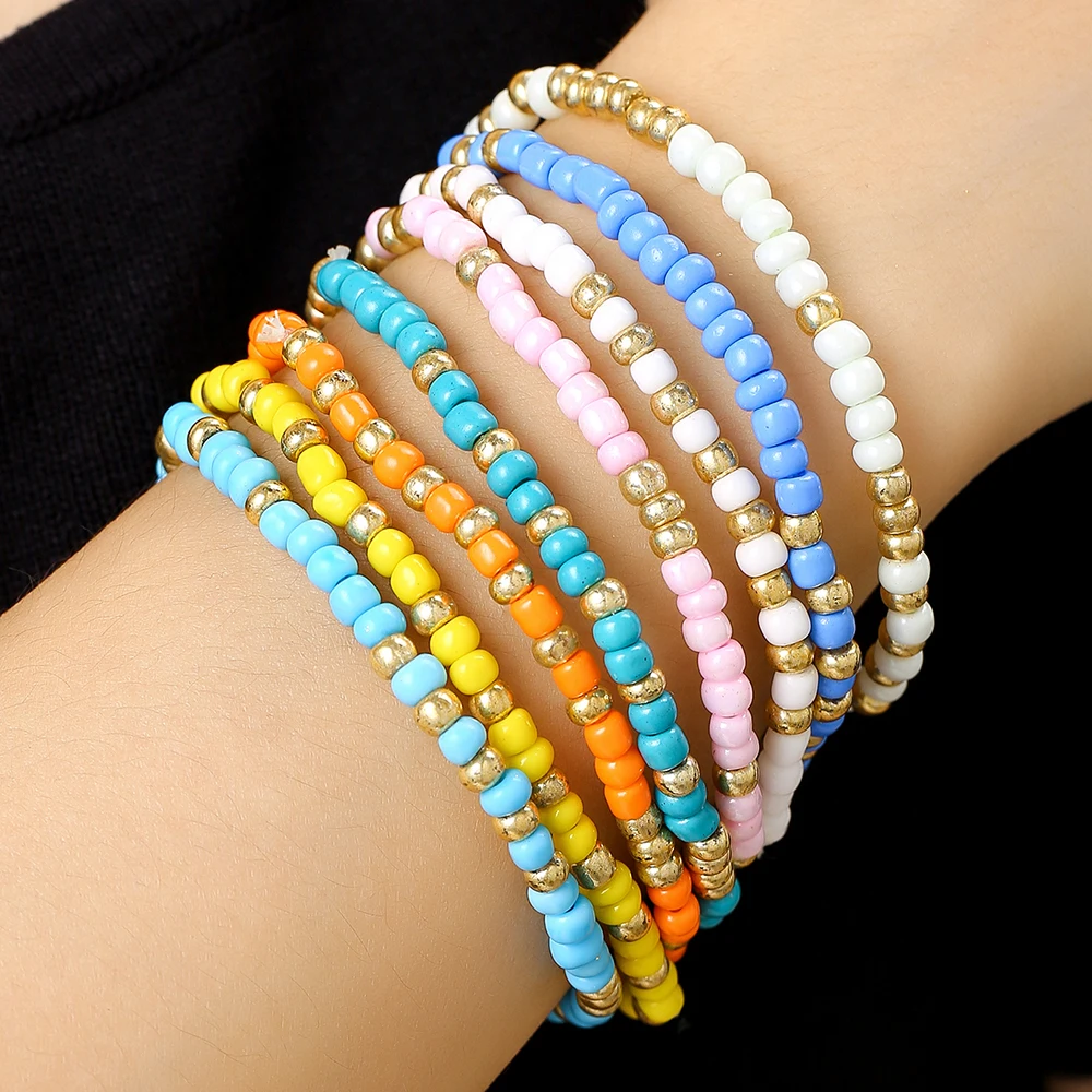 2024 New In Fashion Simple Color Rice Bead Bracelet 8-Piece Set Summer Beach Beach Surfing String Hand Beaded Anklet for Women