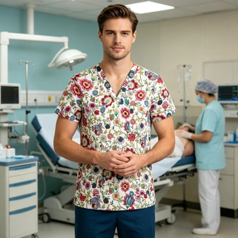 Dental Dental Printed Hand Wash Clothes, V-neck Short Sleeved Medical Work Clothes, Beauty Salons, Pet Hospitals, Universal