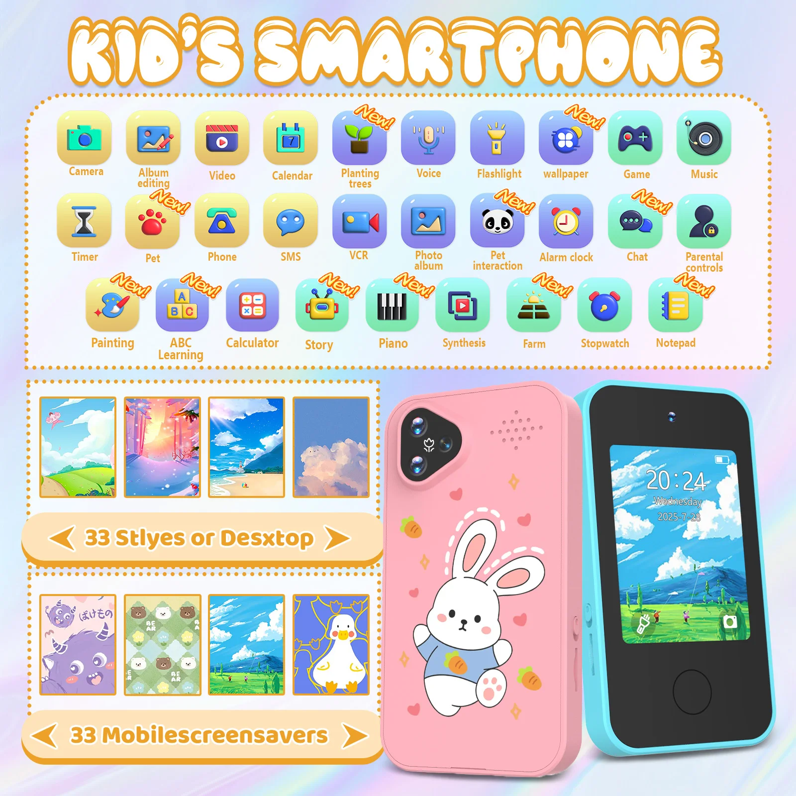 [สมาร์ทโฟน] สมาร์ทโฟนสำหรับเด็กผู้หญิง ขนาด 2.8 นิ้ว |   กล้องคู่ |   ยูเอสบี |   แบตเตอรี่ 1000mA |   เกม&เพลง&นาฬิกาปลุก&เครื่องคิดเลข，ของขวัญคริสต์มาส