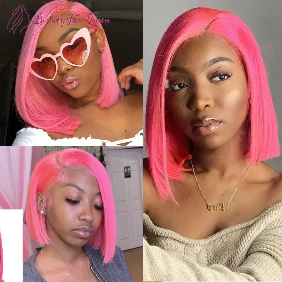 

Transparent Lace Frontal Wigs Brazilian Colored Human Hair Wig 200 Density 13x4 Light Pink Straight Short Bob Cosplay For Women