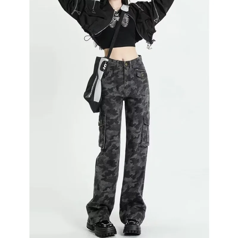 Women's Spring New Arrival Camo Cargo Straight Jeans Vintage Multi-Pocket Loose Slimming Best Seller Floor-Length Wide Leg Pants