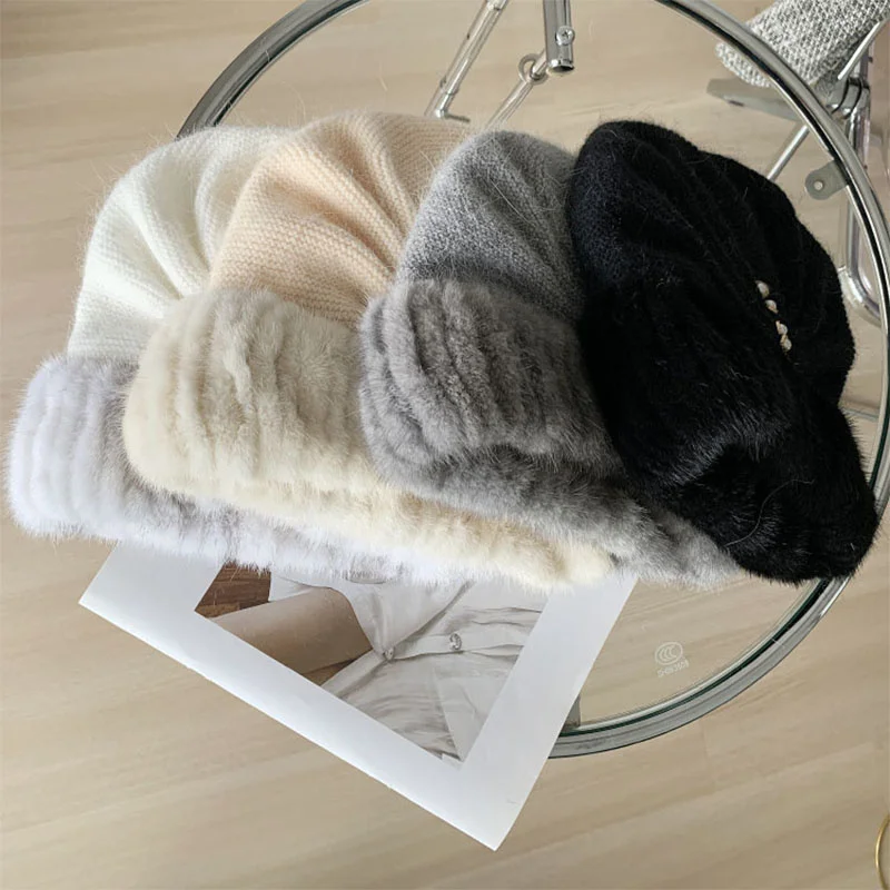 New Women's Knitted Hat Winter Mink Hair Thickened Rabbit Fur Straw Hat Fashionable And Elegant Ear Protection Pearl Hat