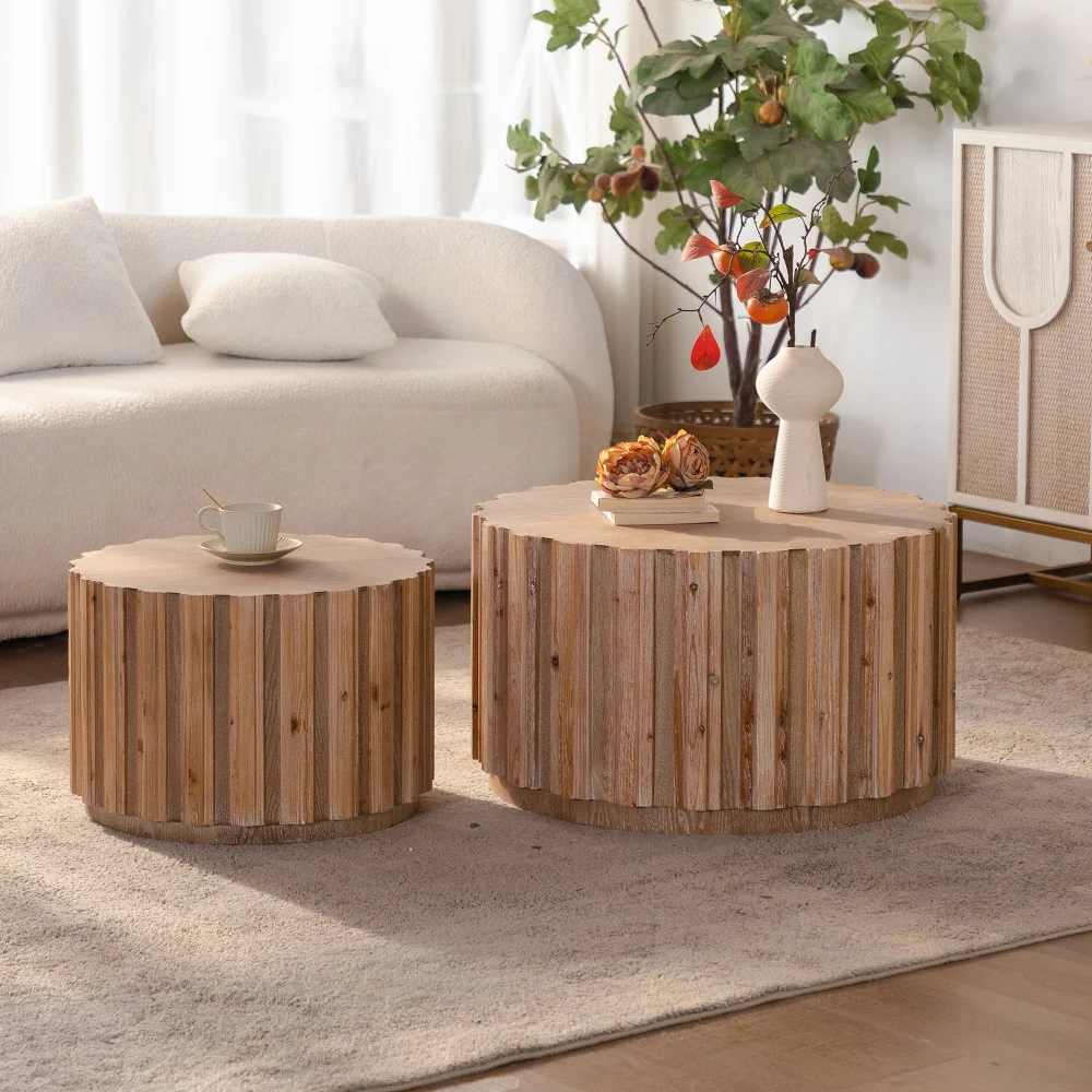 Walnut Wood Round Multi-functional Nesting Coffee Table Set (2 Pieces), Flexible Arrangement To Create A Sense of Depth. 19.7-inch + 27.5-inch, Striped Tabletop, Rustic Farmhouse Style, Suitable for Living Rooms.