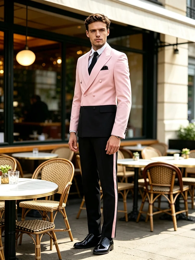Black Pink Men Suit Regular Fit Peak Lapel Formal Tuxedos Formal Double Breasted Dinner Suit Wedding suit Color Blocked Suit