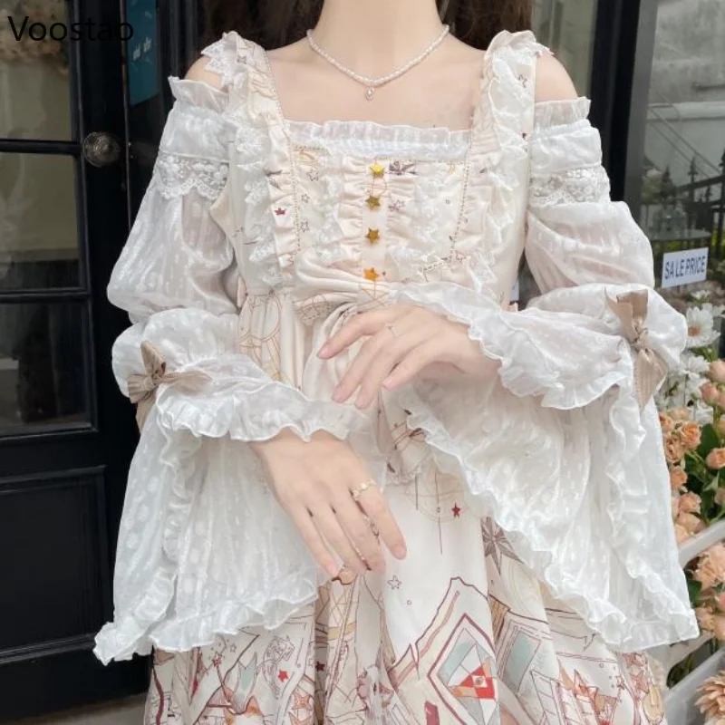 Vintage Victorian Kawaii Lolita Blouses Women Elegant Sweet Lace Ruffles Flare Sleeve Princess Shirts Female Gothic Blouse Tops