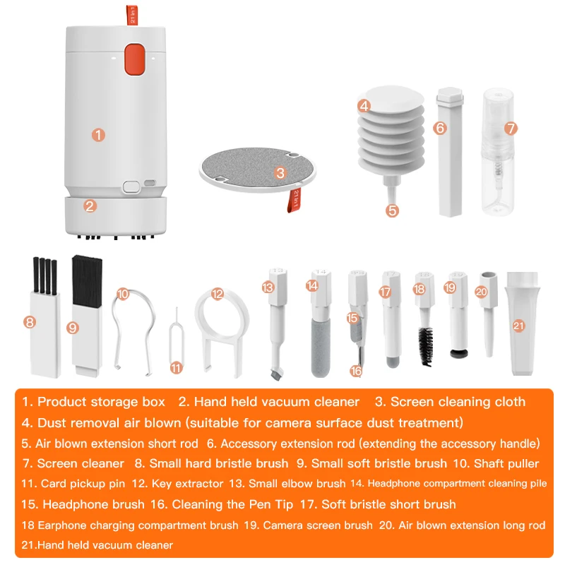 Kit pembersih 21-in-1 untuk Airpods, Kit pembersih untuk Keyboard, Port pengisian daya ponsel dan layar, Kit pembersih elektronik dengan vakum Mini