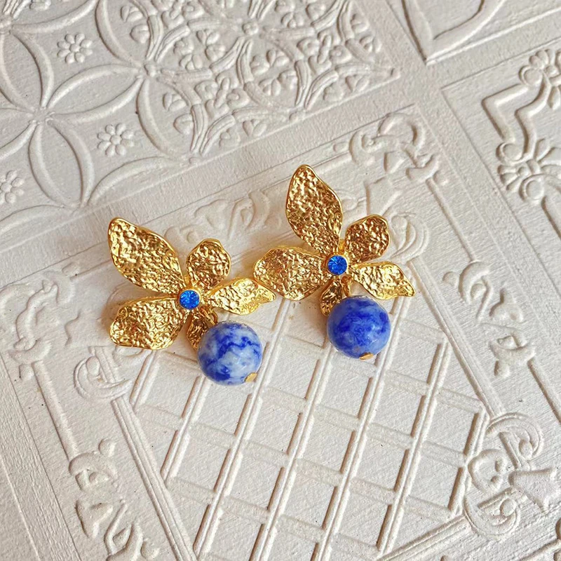 Vintage Court Style Lapis Lazuli Earrings Flowers Temperament Ladies jewelry Stud Earring Girl Party Accessories Gift