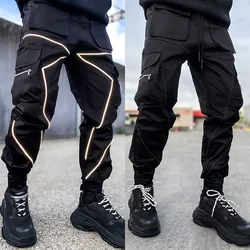 Men Casual Black Cargo Pants Oversize Striped Pocket Sweatpants Gym Sports Fitness Hip Hop Jogger Baggy Trousers Pantalon Hommes