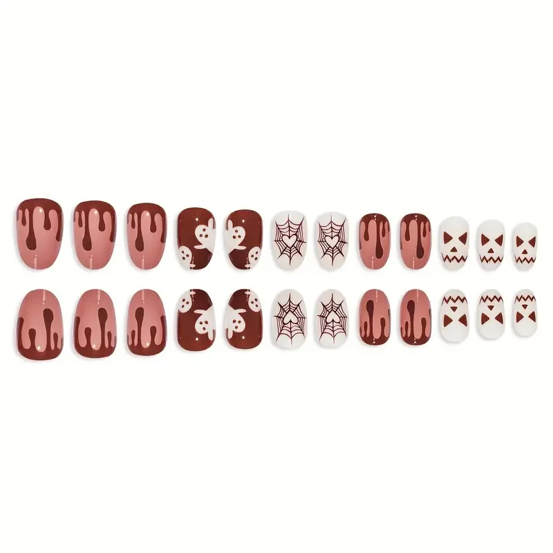 24ชิ้นเล็บปลอมทรงสั้นสีขาวสีน้ำตาลผีแมงมุมแมงมุมแบบกดบนเล็บเล็บปลอมฮาโลวีนสำหรับปาร์ตี้