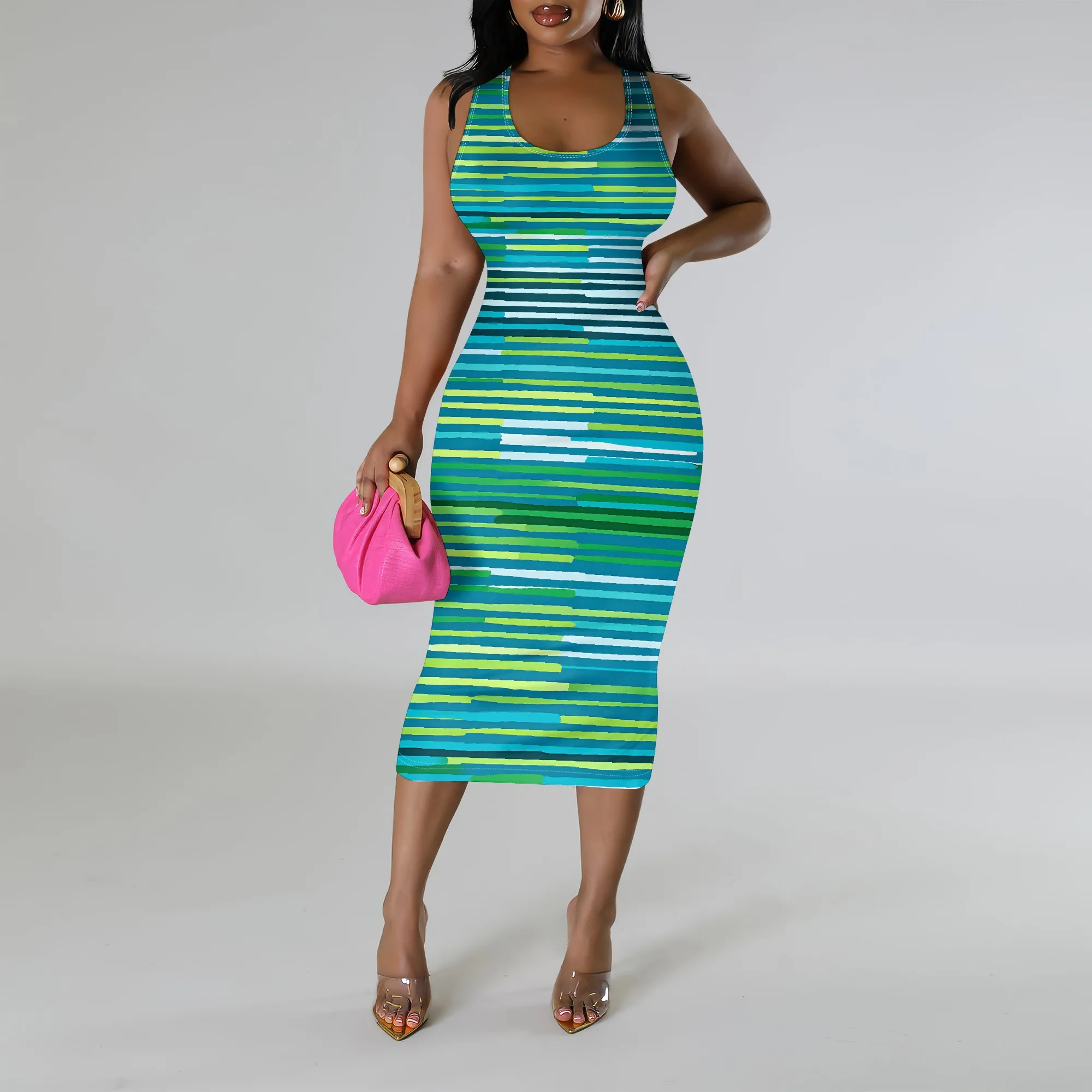 Striped Print Sleeveless Dress, Bodycon Midi Dress for Women, Summer Beach Party Outfit, S-3XL