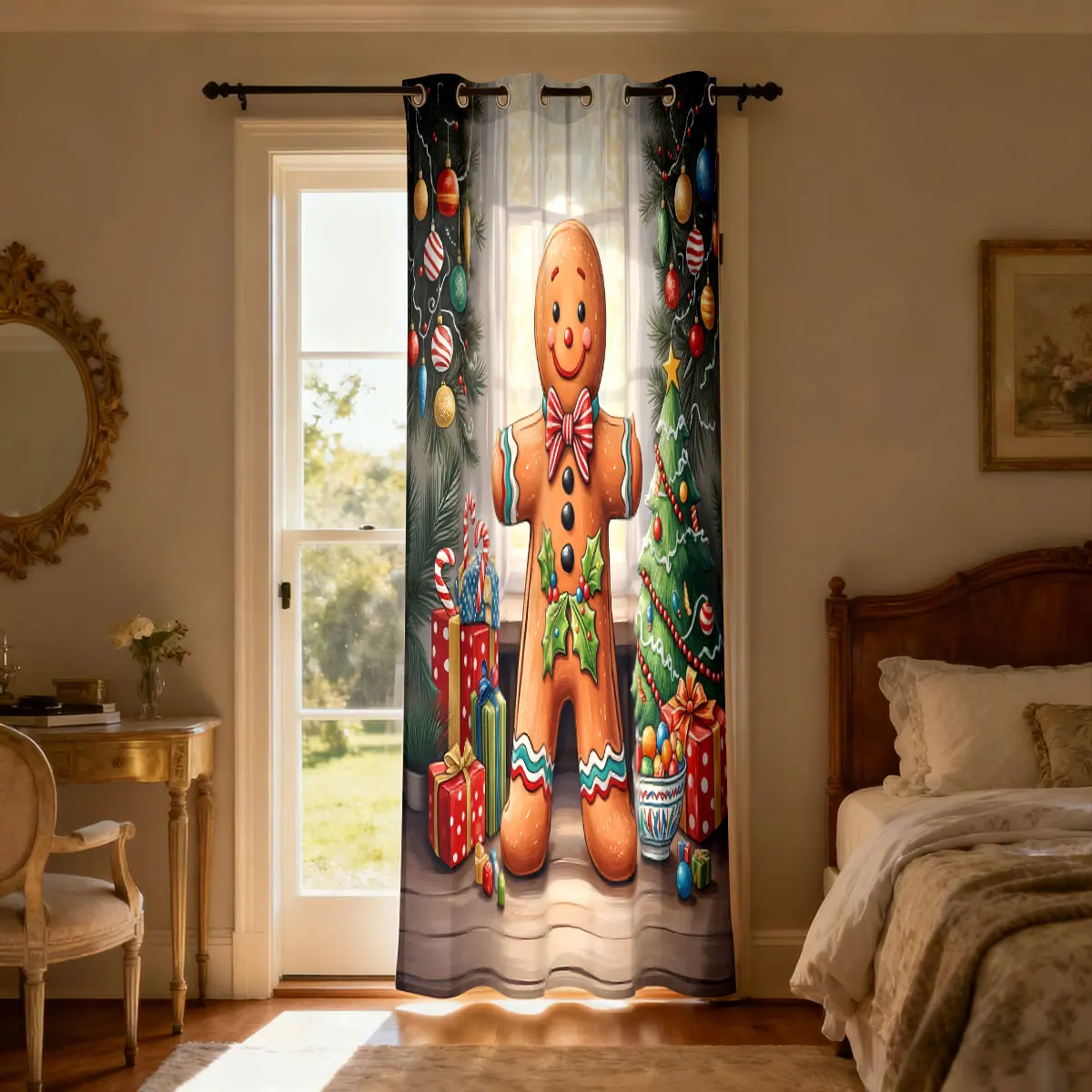 Christmas Gingerbread Man Xmas Decor Single Panel Loop Curtain, Door Hanging Curtain Living Room Bedroom Fashion Home Ornamen view 5