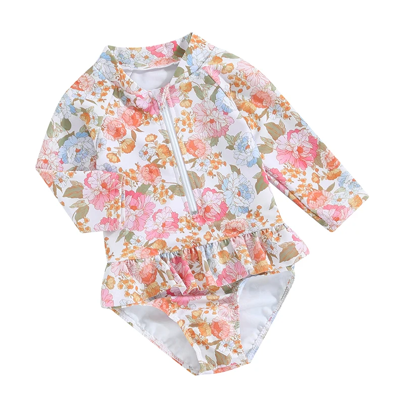 

Toddler Baby Girl Swimsuit Floral Long Sleeve Zipper Ruffle Bathing Suit Rash Guard UPF 50 Sun Protection Swimwear