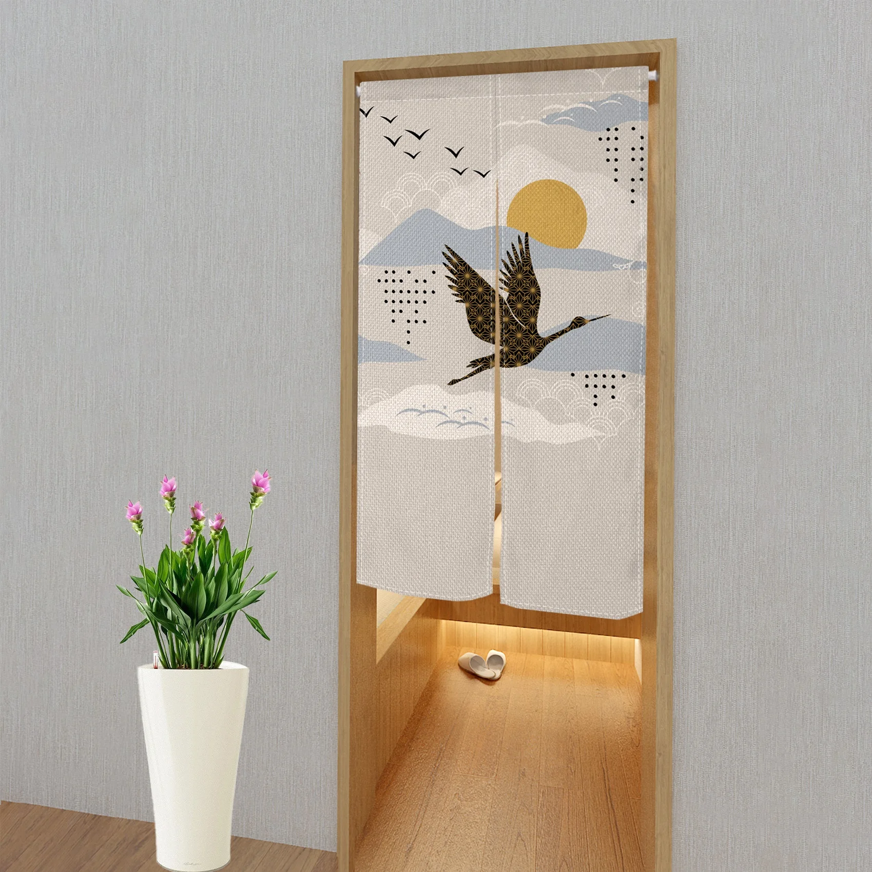 Japanese Style Noren Door Curtains Crane Floral Izakaya Restaurant Partition Linen Doorway Curtain Kitchen Entrance Half Curtain
