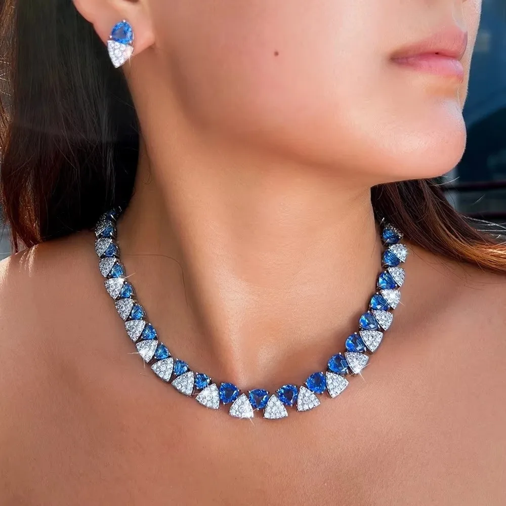 Shiny Zirconia Necklace Earring Set Pave Setting Clavicle Choker Wedding Jewelry Set Triangle Shape Sparkling Finish