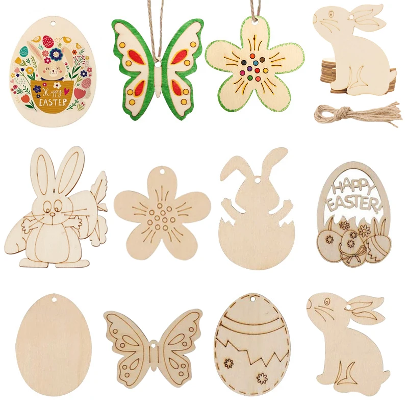 Ornements de puces d'oeufs de carotte en bois de pâques, tranches inachevées pour la main, artisanat de bricolage, pendentif, faveurs de fête, décoration de la maison, Piazza, 10 pièces