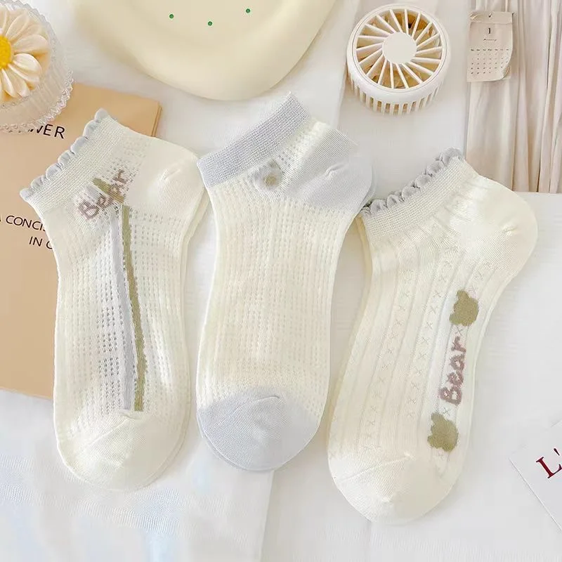 Dreamlikelin, 5 пар/упак., четырехсезонные женские носки, новые короткие носки с милым принтом медведя, носки до щиколотки для девочек в корейском стиле
