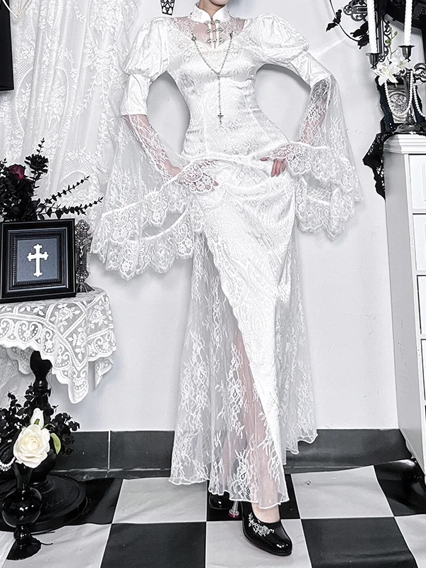 القوطية Sle طويلة Sve المطرزة الدانتيل الزفاف الدكتور لوهوين موضوع القطن البوليستر مزيج عالية الخصر ألف خط الدكتور #3