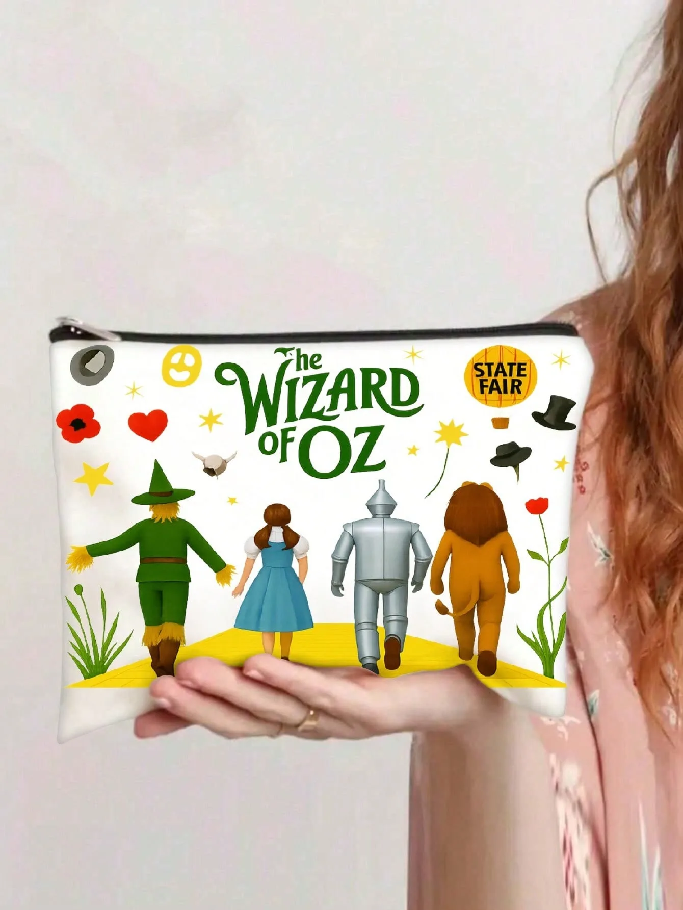 1 bolsa de maquillaje del Mago de Oz, bolsa de cosméticos con estampado de Dorothy, Tin For Man, Scarecrow y el León Cobardio, cierre de cremallera