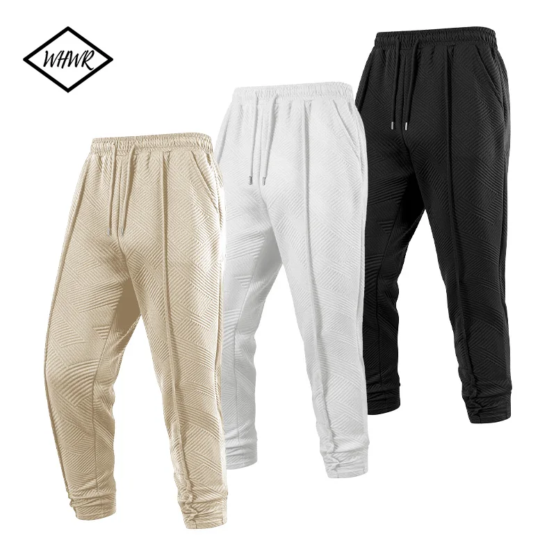 

Men's Pants Street Ruffled Solid Color Casual Waffle Knitted Jacquard Pants Travel Breathable Loose Fitness Jogging Pants 2025