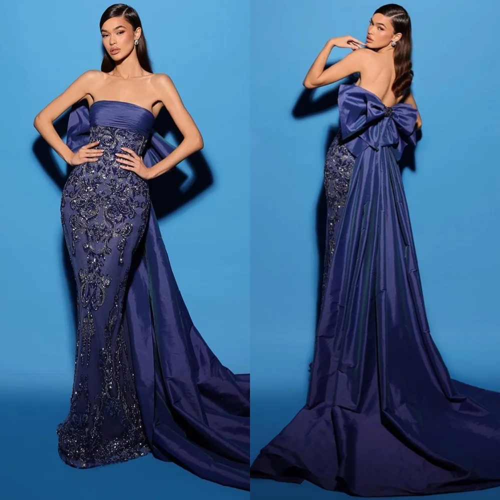 

Customized Fashion Intricate Jersey Bow Sequined Trumpet Strapless Long Dresses Bespoke Occasion Simple
