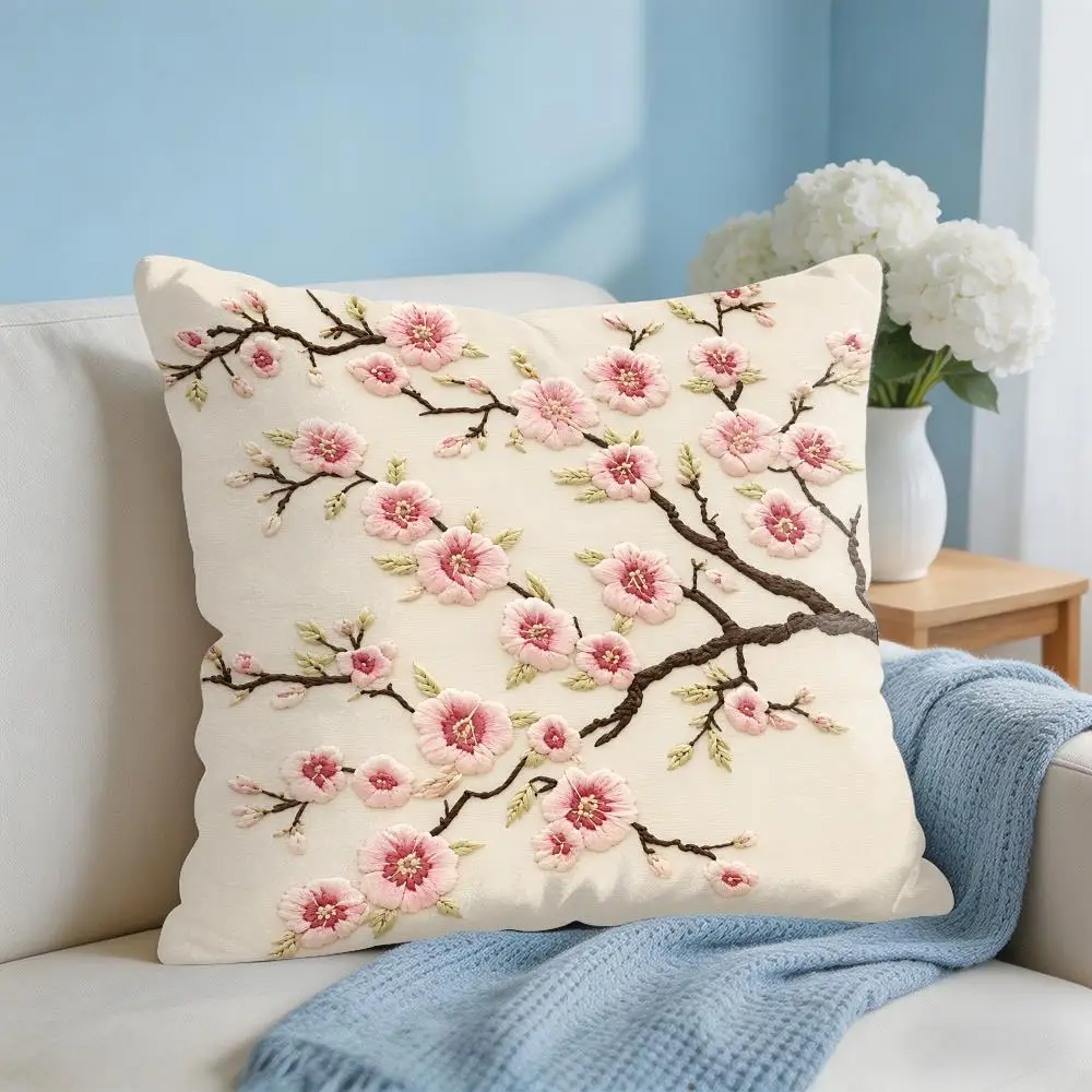2D Print Oriental Sakura Floral Cherry Cushion Cover Short Plush Pillow Case Room Sofa Cushion Covers Home Decor Funda view 3