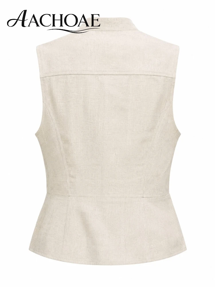 AACHOAE Women Linen Blend Military Style Vest Sleeveless Tailored Waistcoat Gold Button Elegant Office Lady Tank Top Summer Vest