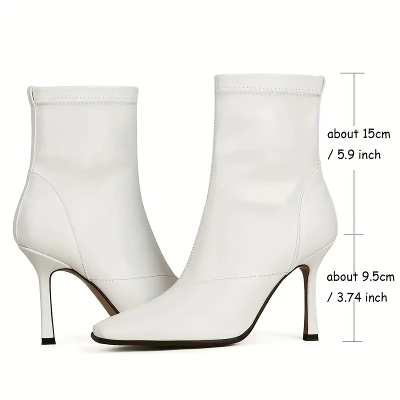 أحذية نسائية للكاحل بكعب ستيليتو بمقدمة مربعة - أحذية سوداء بغطاء من البولي يوريثان مع سحاب جانبي، أحذية عالية الكعب عصرية تناسب الجميع