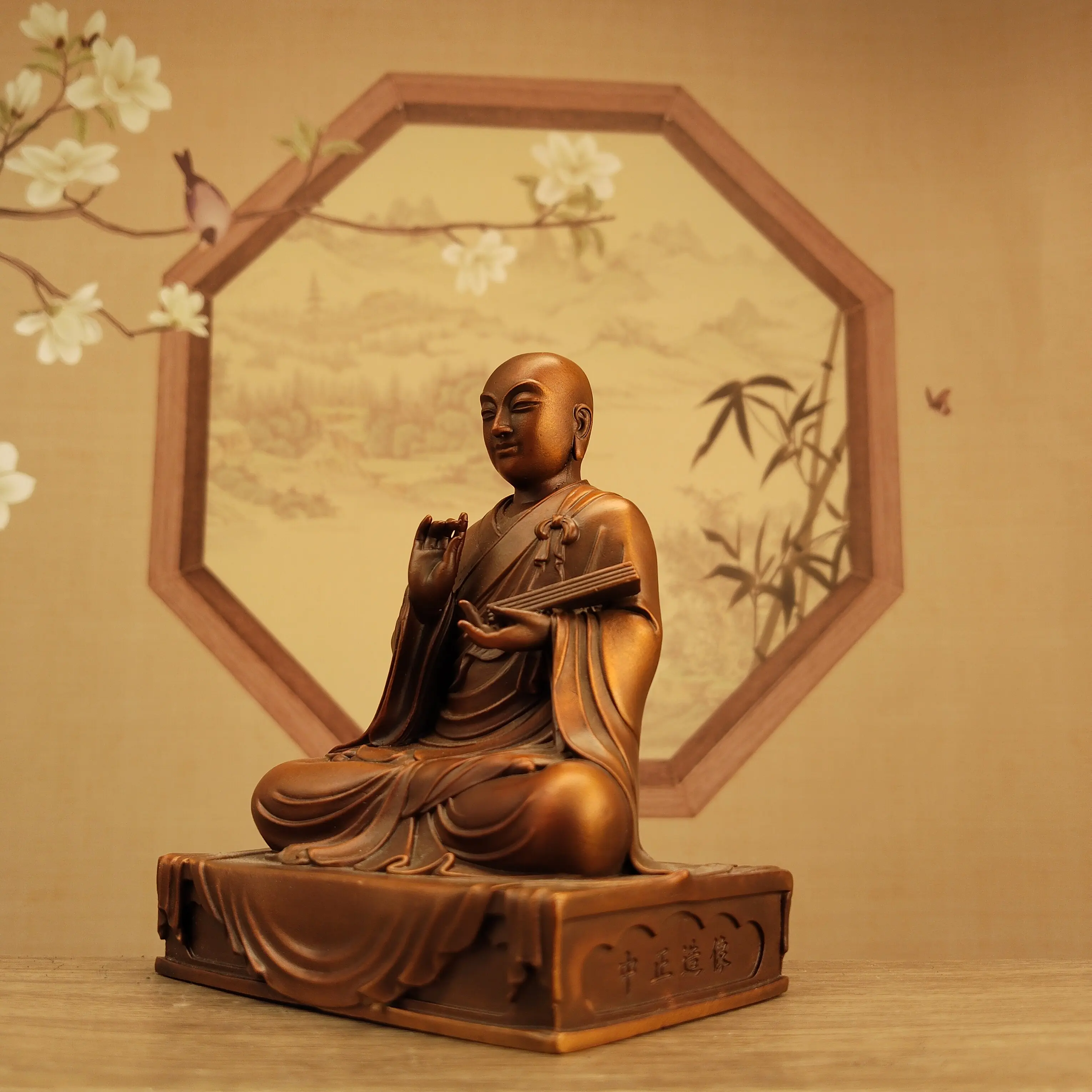 Tibetan Red Antique Copper Xuanzang Monk Buddhist Statue 10cm Home Office Living Room Car Blessing